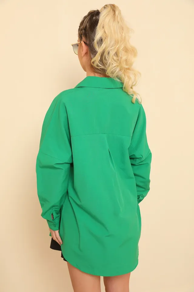 Kadın Oversıze Uzun Basic Gömlek Yeşil