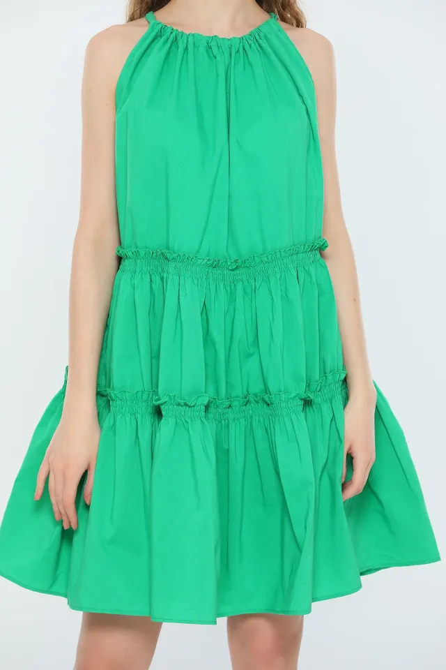 Kadın Sıfır Kol Boyundan Ayarlanabilir Bağlamalı Yazlık Salaş Elbise Yeşil