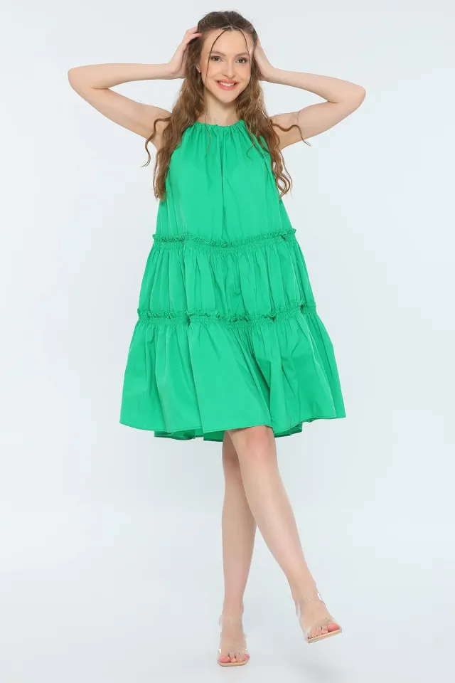 Kadın Sıfır Kol Boyundan Ayarlanabilir Bağlamalı Yazlık Salaş Elbise Yeşil