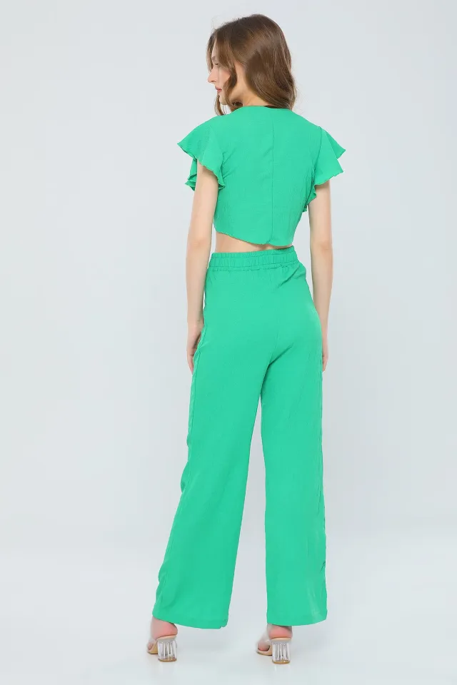 Kadın Yaka Dekolteli Crop Bluz Yüksek Bel Bol Paça Pantolon İkili Takım Yeşil