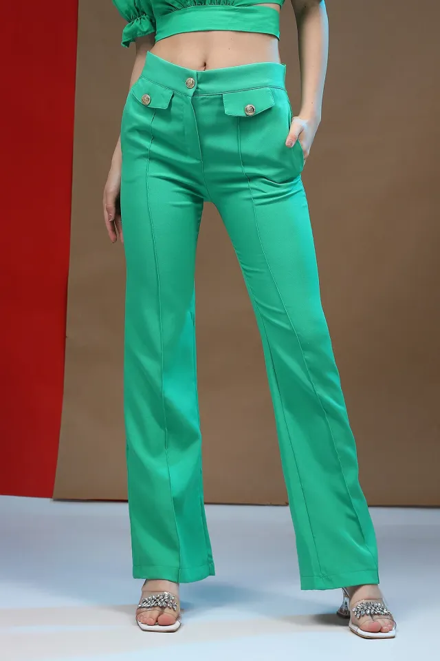 Kadın Yüksek Bel Ön Çimalı İspanyol Paça Pantolon Yeşil