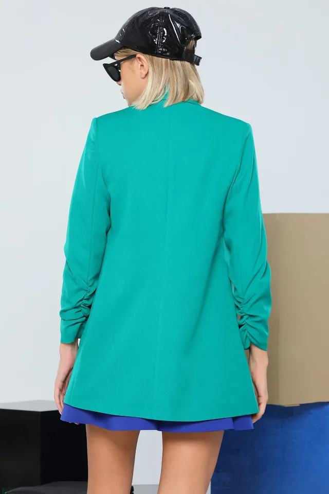 Kruvaze Yaka İç Astarlı Kol Büzgülü Blazer Kadın Ceket Yeşil