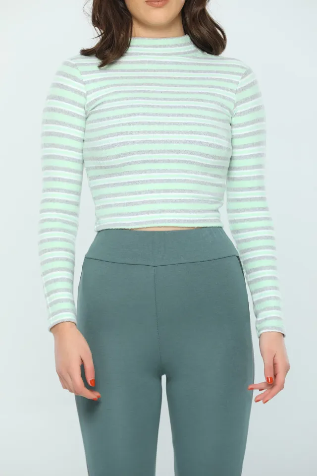 Kadın Yarım Balıkçı Yaka Renk Bloklu Body Bluz Yeşil