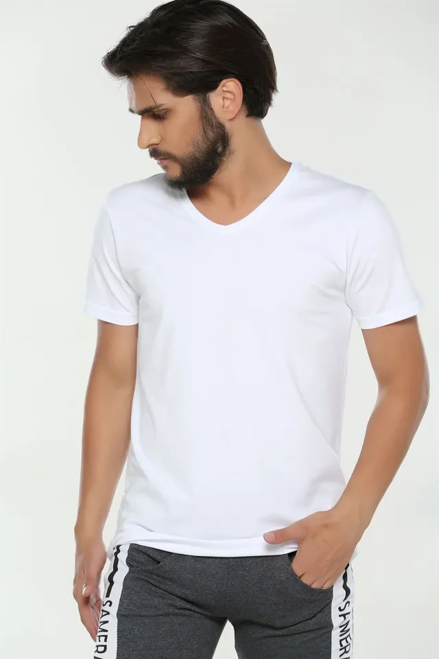 Yıldız V Yaka Erkek T-shirt Beyaz
