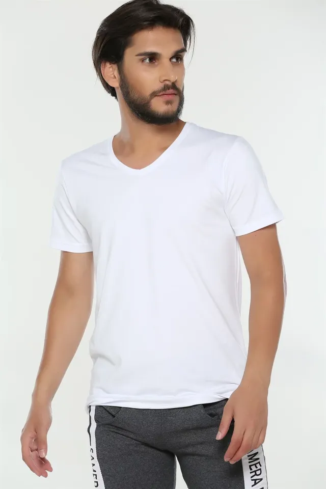 Yıldız V Yaka Erkek T-shirt Beyaz