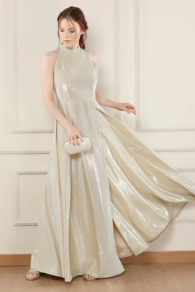 Yırtmaç Detaylı Parıltılı Abiye Elbise Gold