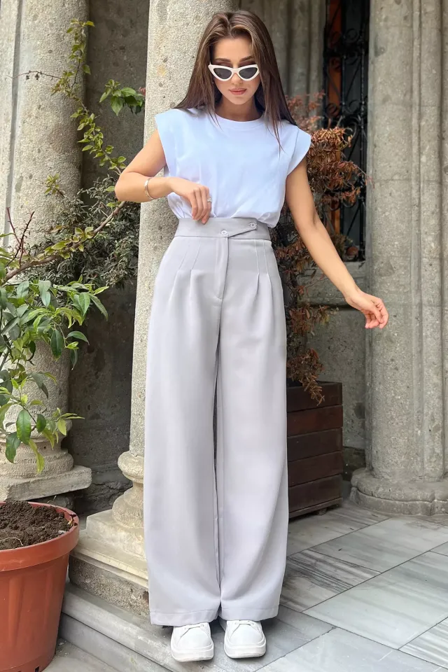 Yüksek Bel Düğme Detaylı Pileli Kadın Bol Paça Palazzo Kumaş Pantolon Gri