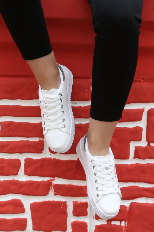 Yüksek Taban Bağcıklı Kadın Spor Ayakkabı Beyazplatin