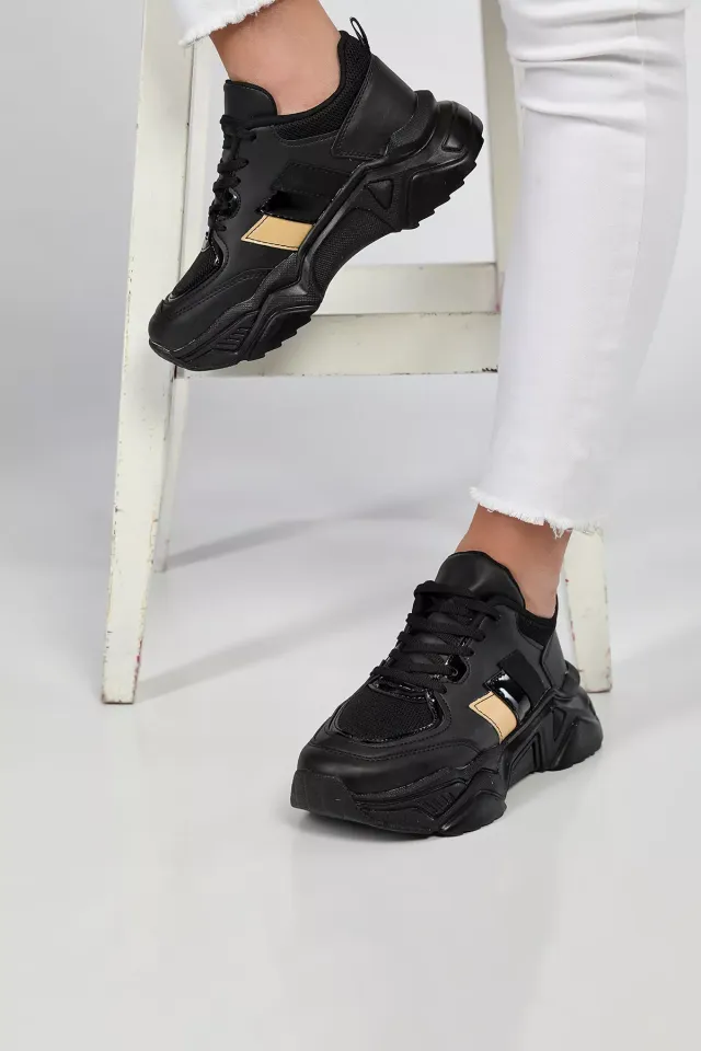 Yüksek Taban Bağcıklı Günlük Kadın Spor Ayakkabı Siyah