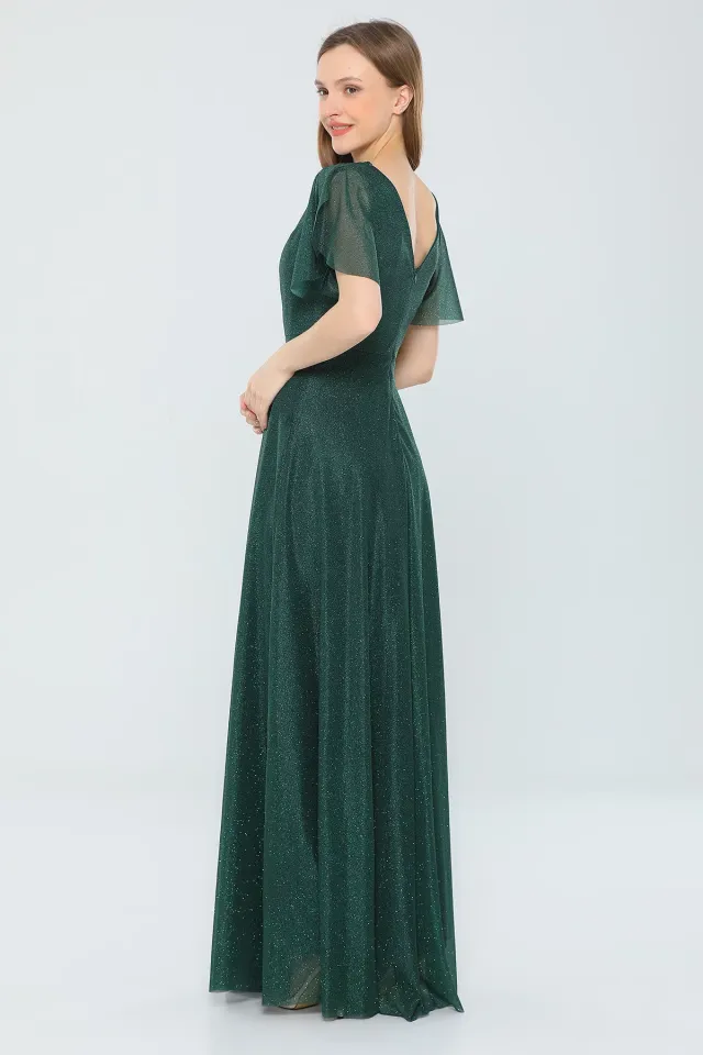 Kadın Yaka Tül Dekolteli Kol Volanlı Astarlı Işıltılı Uzun Abiye Elbise Zümrüt Yeşili