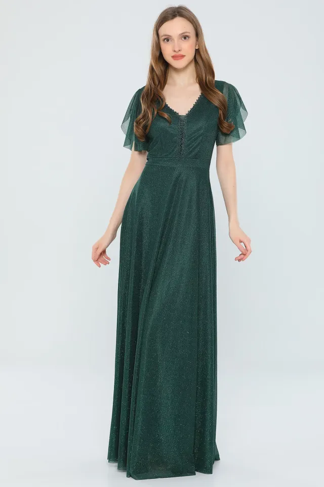 Kadın Yaka Tül Dekolteli Kol Volanlı Astarlı Işıltılı Uzun Abiye Elbise Zümrüt Yeşili